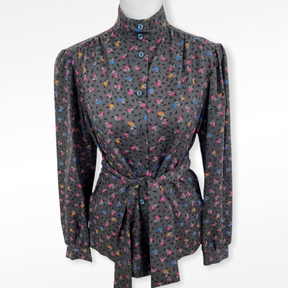 Vintage Judy Bond Gray Multicolor Floral Blouse with Optional Tie